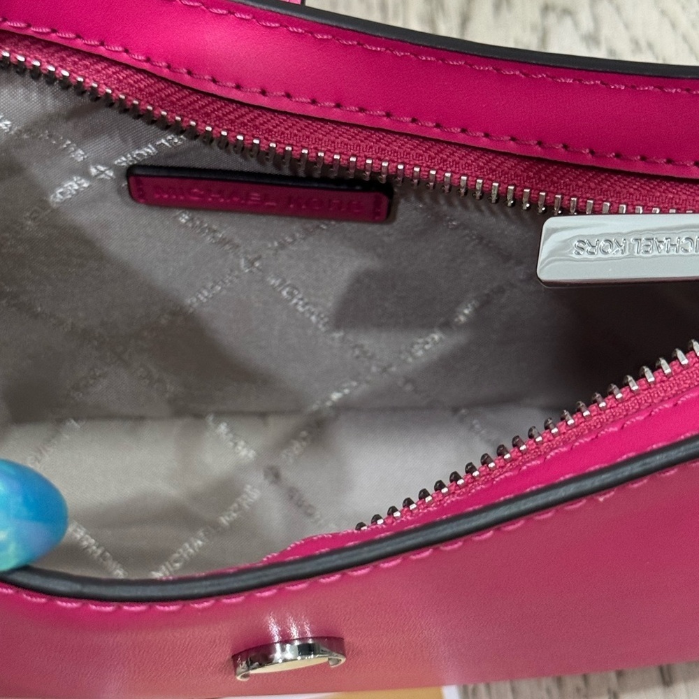 Michael Kors Lyra Small Leather Pouchette Dragonfruit Pink Silver Charm Purse - Picture 14 of 15